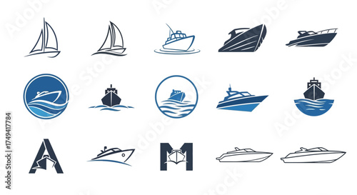 Collection of various boat and yacht illustrations, including sailboats, motorboats, and emblems.