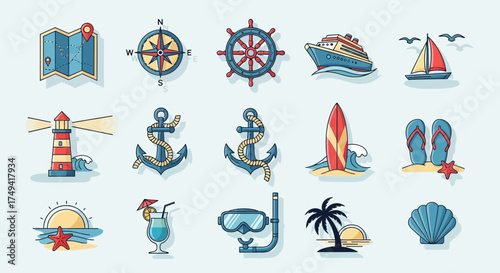 A collection of flat design icons representing summer vacation, sea travel, and beach activities.