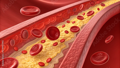 red blood cells flowing through vein, Medical illustration of atherosclerosis showing cholesterol plaque buildup inside red artery. Red blood cells flow through narrowed lumen, indicating reduced bloo