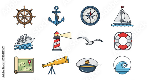 A collection of nautical and maritime-themed icons, including a ship's wheel, anchor, compass, sailboat, cruise ship, lighthouse, seagull, life preserver, map, telescope, captain's hat, and a wave.