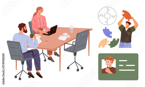 Colleagues reviewing documents at a meeting table, individual assembling puzzle pieces, ID card concept. Ideal for teamwork, problem-solving, identity, organization, hiring ideas creativity. Simple
