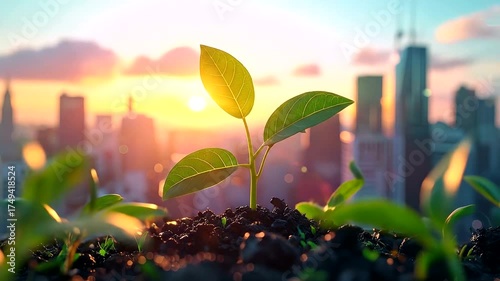Young green plant sprouts from soil in a city at sunset.