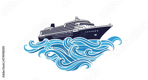 Illustration of a cruise ship sailing on stylized blue waves against a white background.