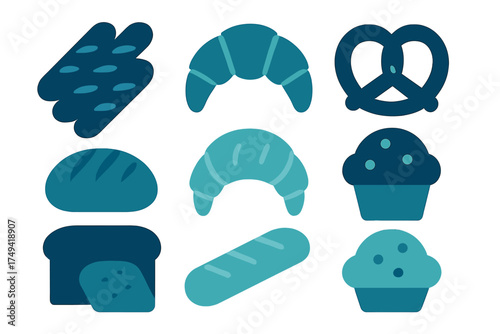 Minimalist set of bakery food icons featuring bread, croissants, and muffins in blue and teal