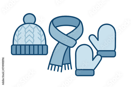 Blue knitted winter hat, scarf, and mittens set with pom-pom for cold weather