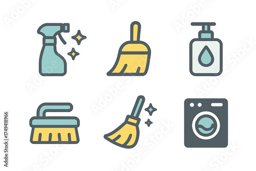 Colorful set of six outline icons depicting cleaning tools and laundry equipment