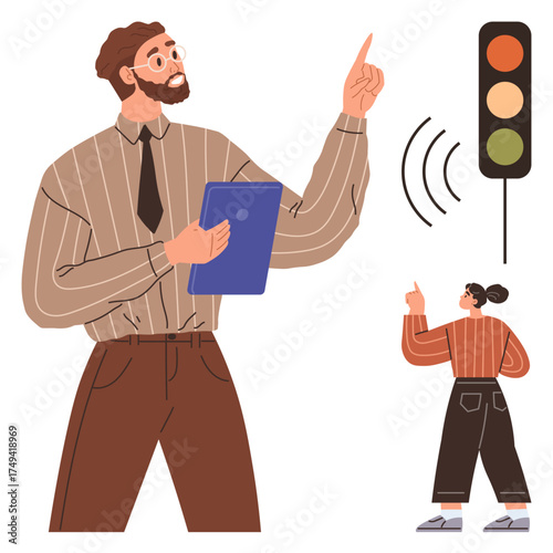 Man with tablet pointing up, woman listening to audio signal from traffic light. Ideal for collaboration, learning, teaching, urban safety, accessibility, technology decision-making. Simple flat