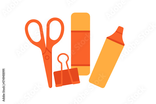 Essential orange and yellow stationery items including scissors glue stick binder clip and marker pen