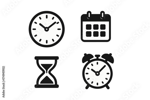 Set of four black and white time and schedule icons including clock, calendar, hourglass, and alarm clock