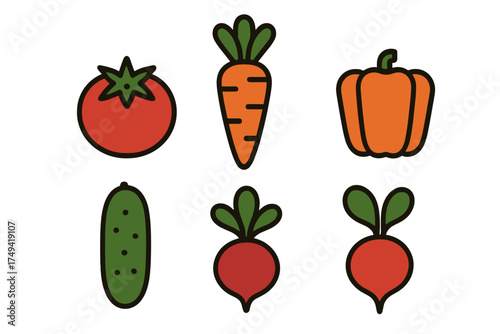 Six colorful stylized icons of fresh garden vegetables including tomato, carrot, and radish