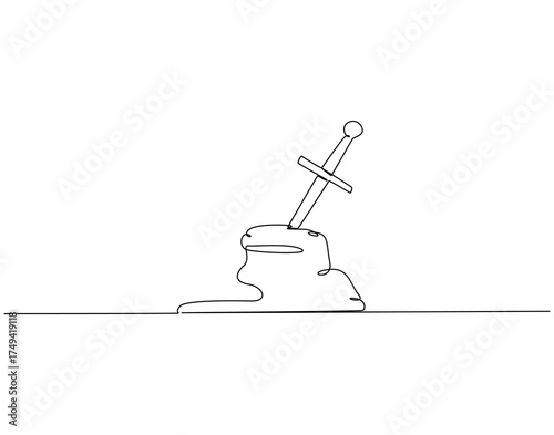 Continuous line drawing of sword stuck in stone. Single line illustration of sword trapped in stone. Iconic acient stories concept. Editable outline