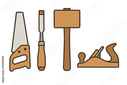 Essential carpentry and woodworking hand tools icons set