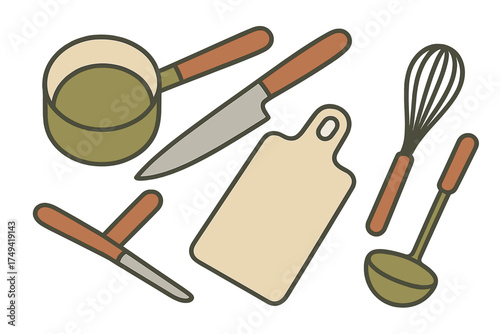 Assortment of kitchen cooking utensils and cutting board icons