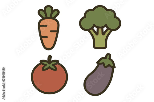 Set of four stylized vegetable icons including carrot, broccoli, tomato, and eggplant