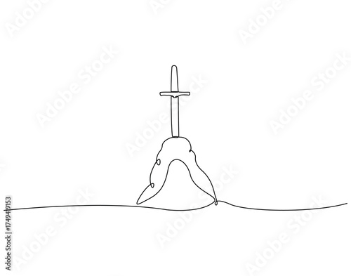 Continuous line drawing of sword stuck in stone. Single line illustration of sword trapped in stone. Iconic acient stories concept. Editable outline