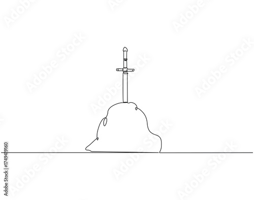 Continuous line drawing of sword stuck in stone. Single line illustration of sword trapped in stone. Iconic acient stories concept. Editable outline