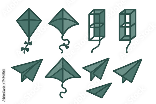 Stylized icons of various flying objects including kites and paper airplanes