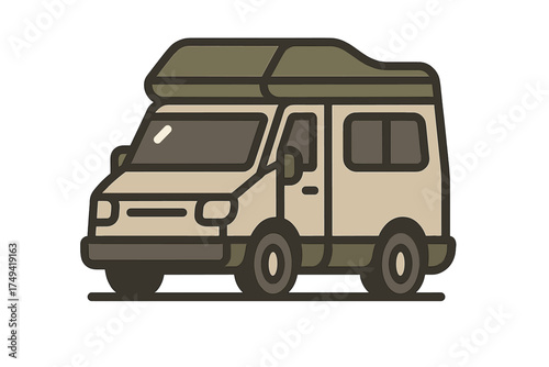 Beige and olive green camper van with pop top roof side view