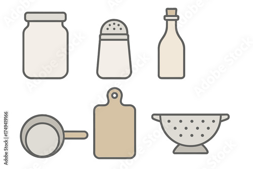 Collection of basic kitchen utensils and food preparation containers icons