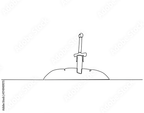 Continuous line drawing of sword stuck in stone. Single line illustration of sword trapped in stone. Iconic acient stories concept. Editable outline