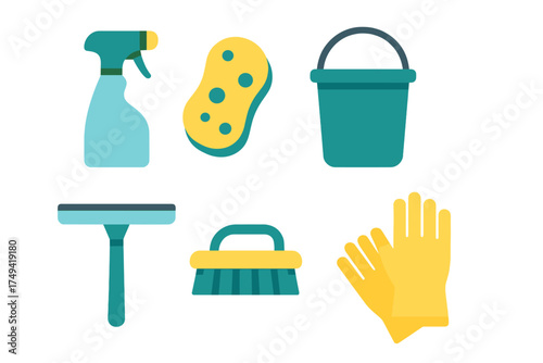 Collection of essential household cleaning tools and sanitation supplies icons