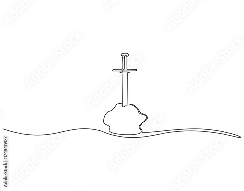 Continuous line drawing of sword stuck in stone. Single line illustration of sword trapped in stone. Iconic acient stories concept. Editable outline