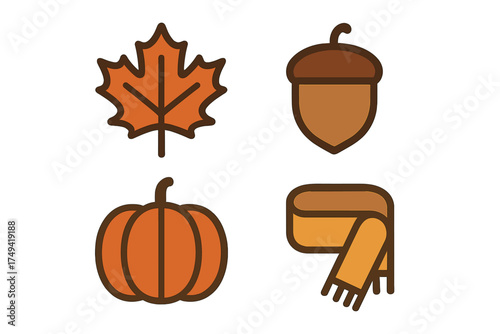 Seasonal autumn icons featuring maple leaf, pumpkin, acorn, and scarf