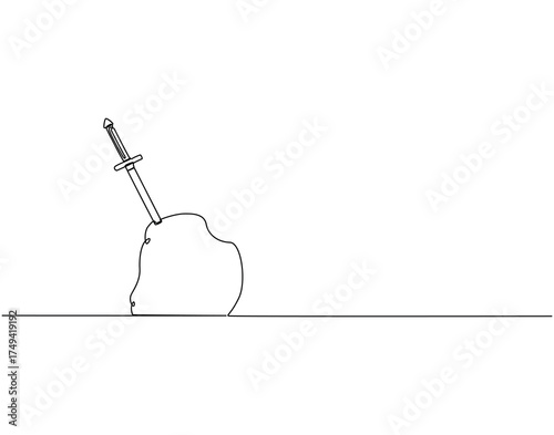 Continuous line drawing of sword stuck in stone. Single line illustration of sword trapped in stone. Iconic acient stories concept. Editable outline