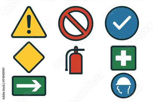 Set of safety and warning signs icons for workplace and emergency situations