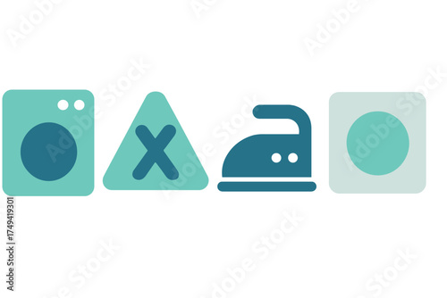 Set of four stylized laundry care symbols including washing and ironing instructions