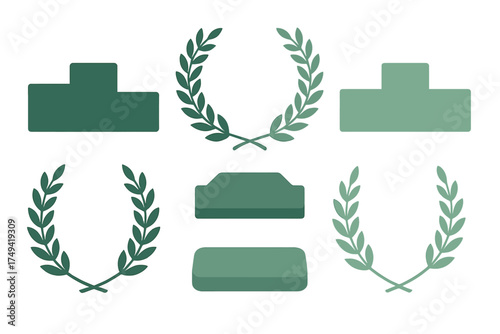 Podium pedestals and laurel wreath icons set for award ceremony