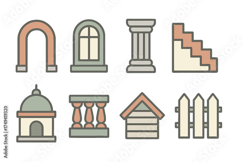 Architectural elements icons set with building components and structures