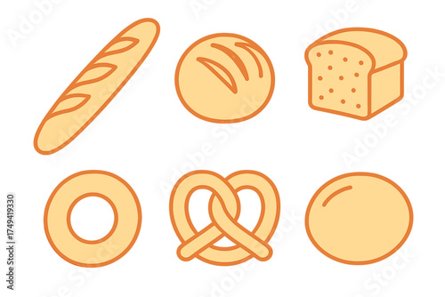 Set of six common baked goods icons in minimalist outline design