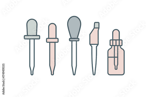 Various laboratory droppers and serum dispenser bottle icons set