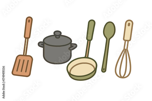 Assortment of essential kitchen cooking utensils including pot, spatula, ladle, spoon, and whisk