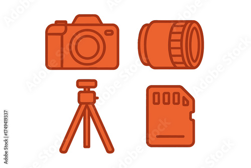 Essential digital photography gear icons: camera, lens, tripod, and memory card