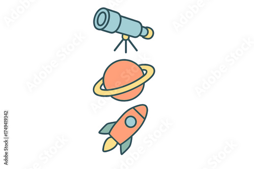 Cute astronomy icons set with telescope planet and rocket symbols