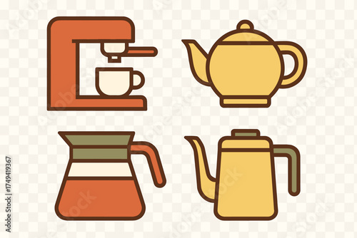 Stylized icons for various coffee making equipment and brewing tools