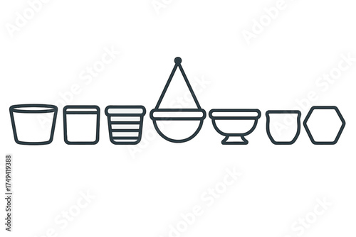 Outline icons depicting various shapes of flower pots and planters for gardening