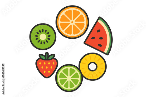 Colorful sliced tropical and summer fruits arranged in a circle pattern