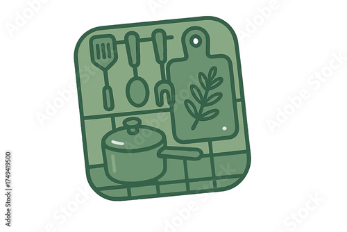 Minimalist kitchen utensil set with cooking pot and herb cutting board icon