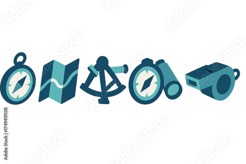 Set of navigation and exploration tools icons: compass map sextant binoculars and whistle