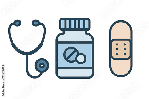 Medical supplies icons set with stethoscope pill bottle and adhesive bandage