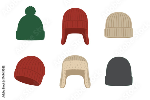 Assortment of knitted winter hats and earflap beanies in multiple colors