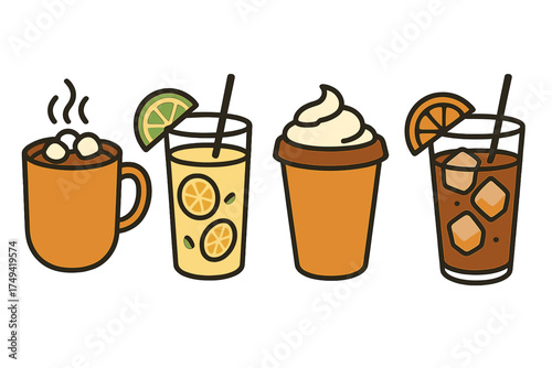 Set of hot and cold beverage icons: cocoa, lemonade, coffee drink, and iced tea