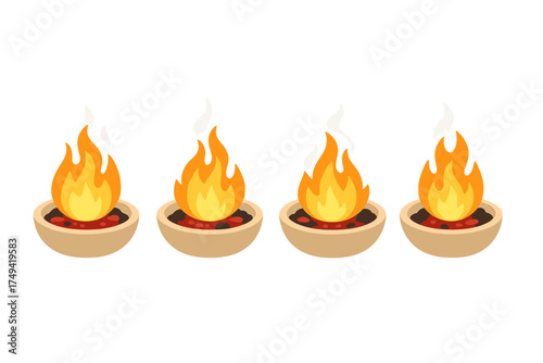 Four stylized burning charcoal braziers with bright orange flames