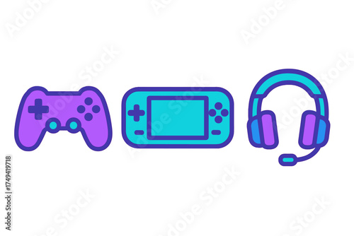 Modern gaming controller handheld console and headset icons set