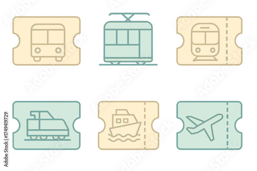 Set of public transportation and travel tickets icons for bus tram subway ship and airplane