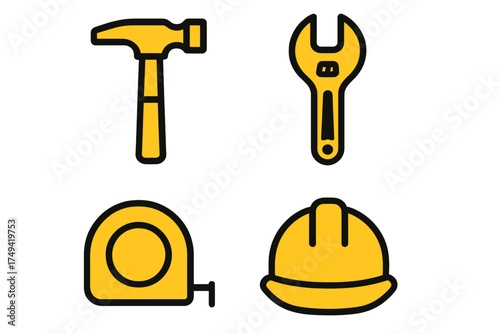 Yellow construction and repair tool icons featuring hammer wrench tape measure and safety helmet