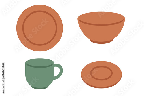 Ceramic tableware set with plates, bowl, and mug in isometric view